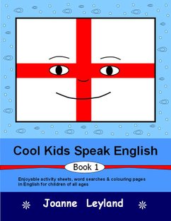 Cover of Cool Kids Speak English Book 1 with a big smiley face on a red cross with a white background like the English flag