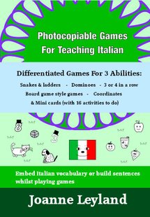 Book cover of Photocopiable Games For Teaching Italian with images for some of the Italian words that appear in the games