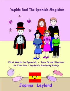 The Spanish magician, three children and 2 adults on the cover of Sophie And The Spanish Magician First words in Spanish