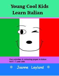 Book cover of Young Cool Kids Learn Italian has a winking face and the background is green, white and red like the Italian fl