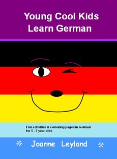 Book cover of Young Cool Kids Learn German has a winking face and the background is black, red and gold like the German flag